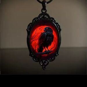 Gothic Raven Pendant Necklace - Black and Red